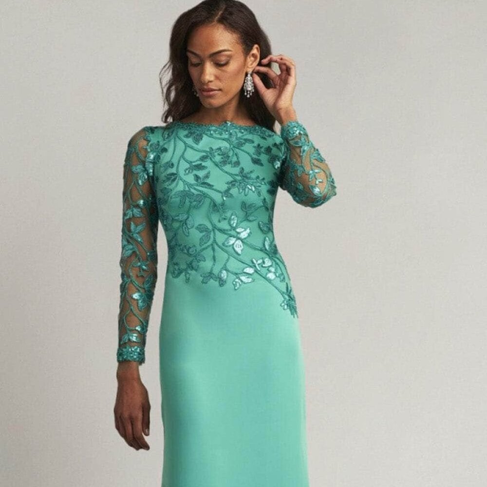 Tadashi Shoji Teal Sheer-Embroidered Long Sleeve Evening Gown
